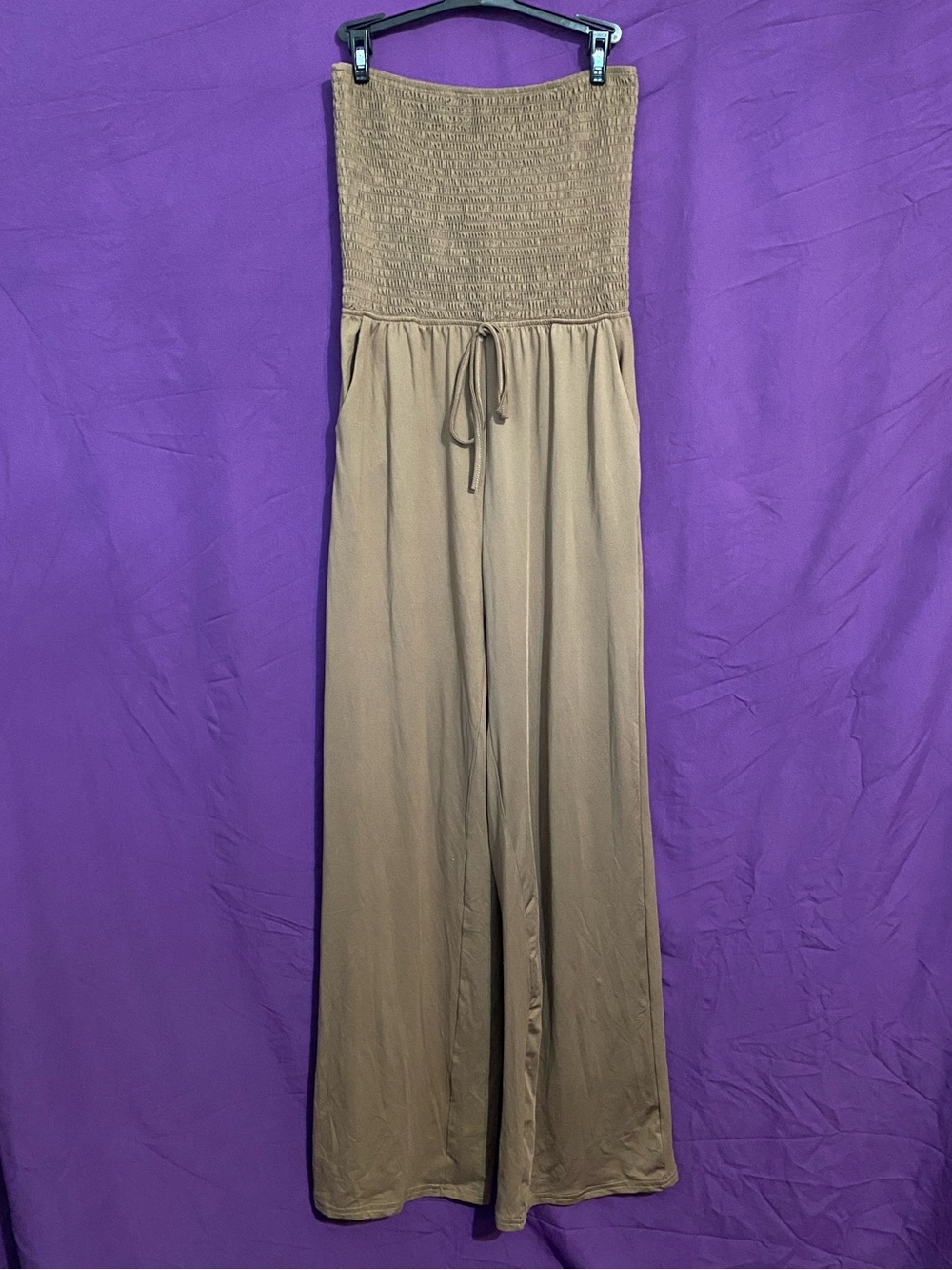 Strapless Smocked-Waist Jumpsuit in Taupe. Size S.